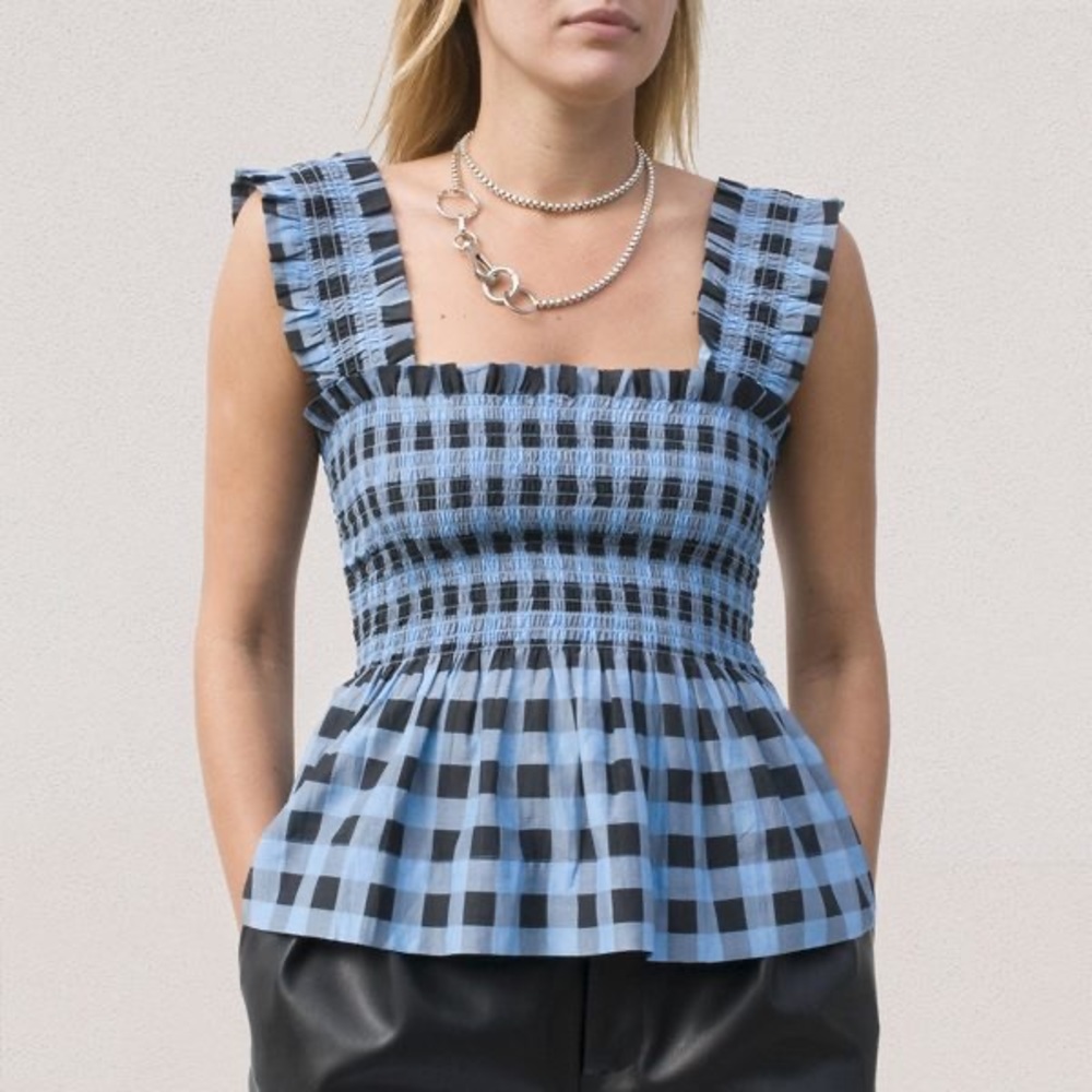 GANNI | COTTON SILK SMOCK TOP - ALASKAN BLUE PLAID